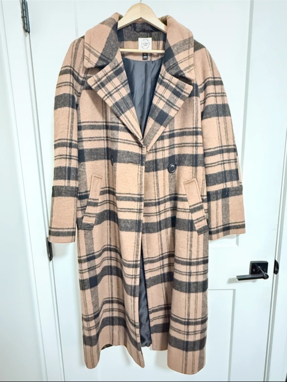 River Island Tan & Black Plaid Wool-Blend Pea Coat